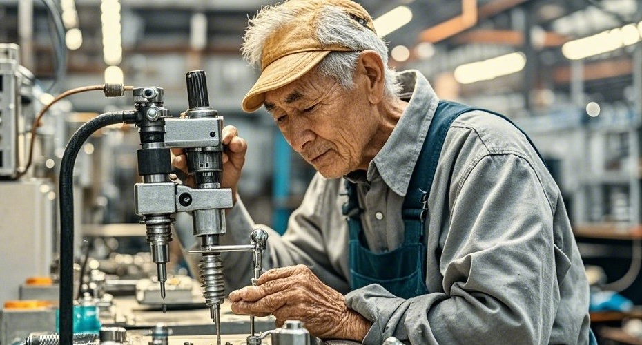 年邁的螺絲工,在車間裡,生產線上勞累的鎖付精密螺絲.jpg